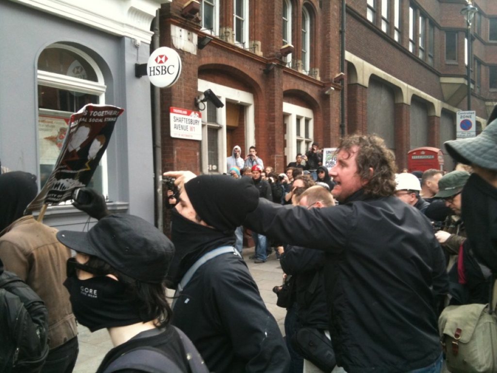 An HSBC branch comes under attack from anarchists