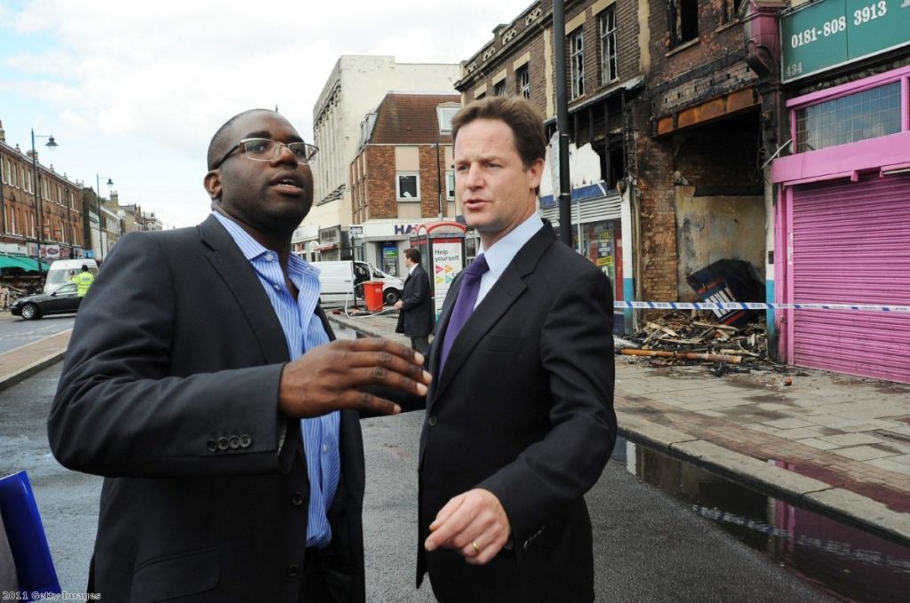 David Lammy talks to Nick Clegg after a night of rioting in Tottenham.