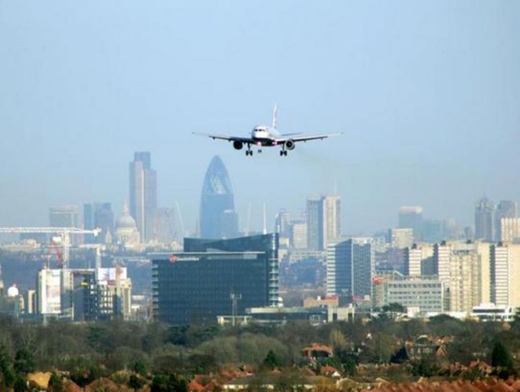 An aircraft approaches London's Heathrow airport