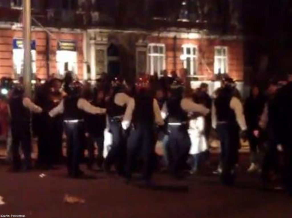 Video footage shot at the scene shows police in a standoff with those celebrating Thatcher