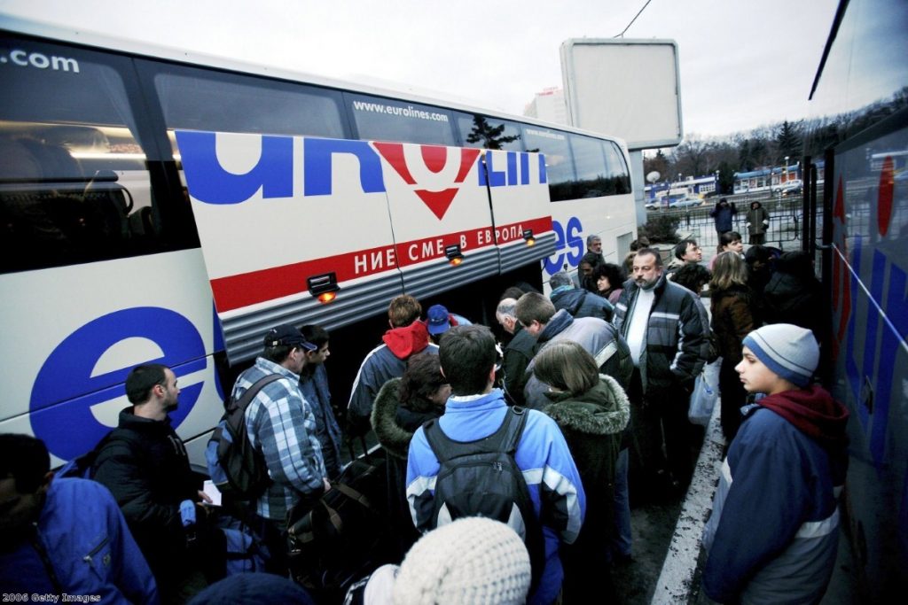 Bulgarians board a bus to Berlin, soon after the country joined the EU.