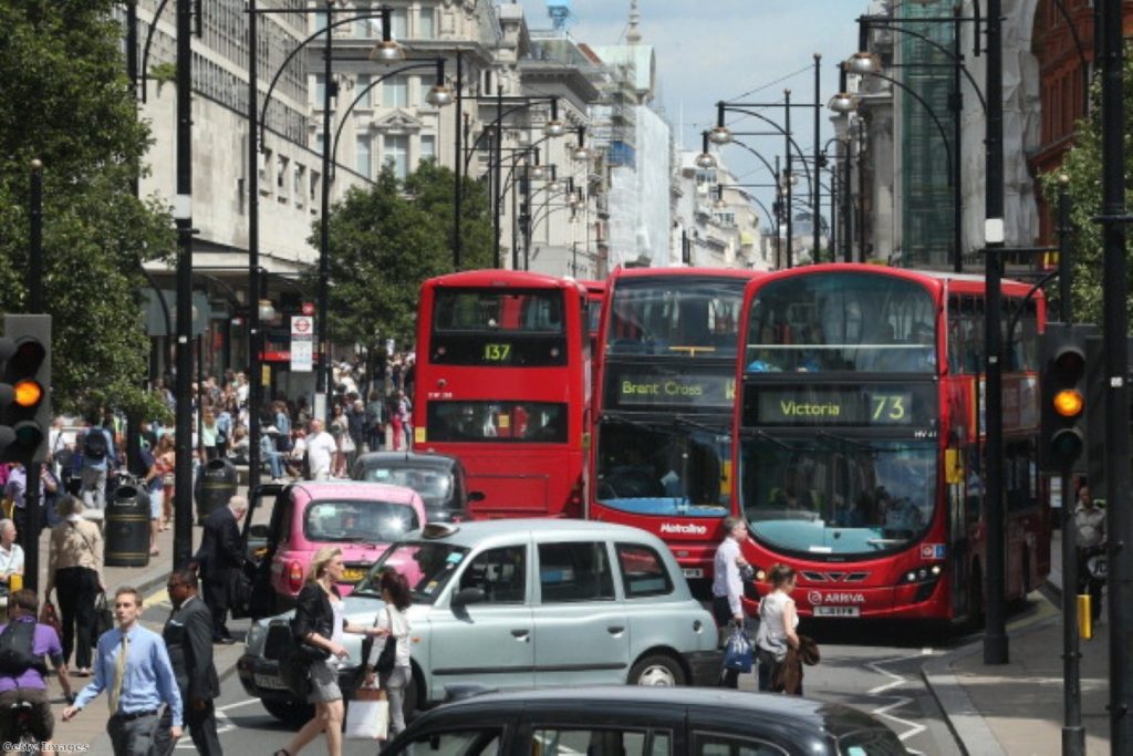 A wall of buses and taxis on London