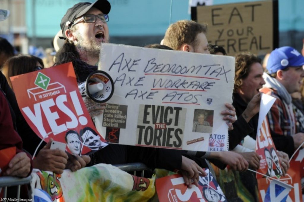 Protesters gather as David Cameron makes a rare visit to Scotland.