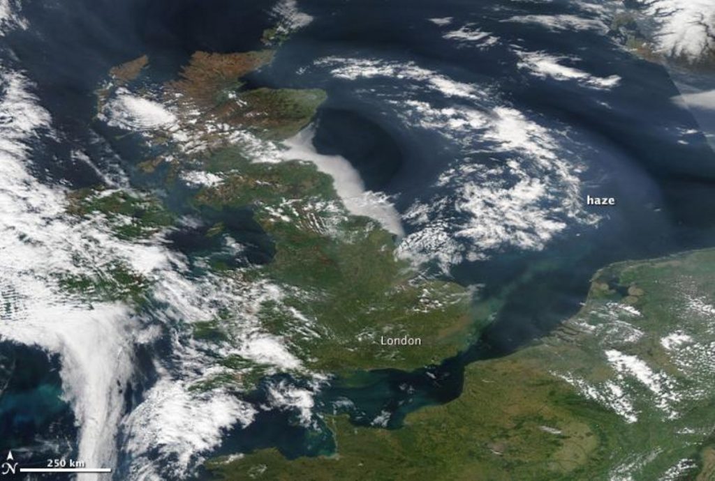 Haze covers the United Kingdom, as viewed from Nasa