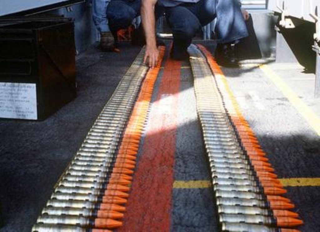 Rounds of depleted uranium shells lined up on USS Missouri