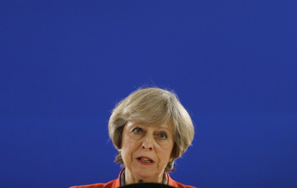 Theresa May answers a question during a press briefing at the EU Summit in Brussels last October 