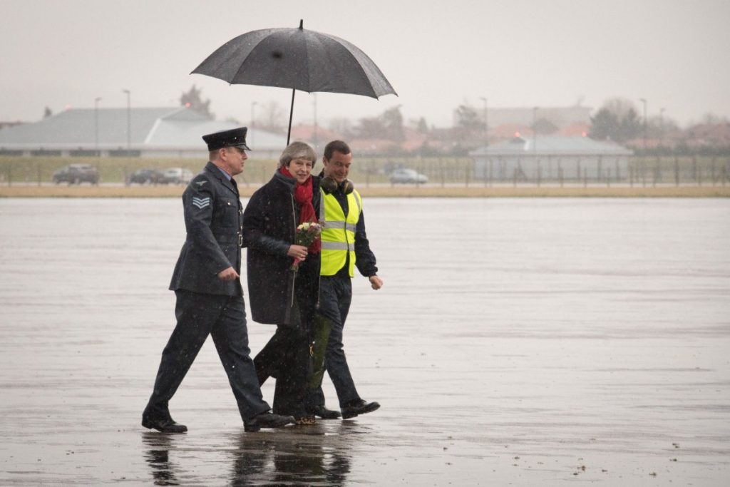 Theresa May arrives at RAF Northolt during a tour of the four nations for the anniversary of triggering Article 50 