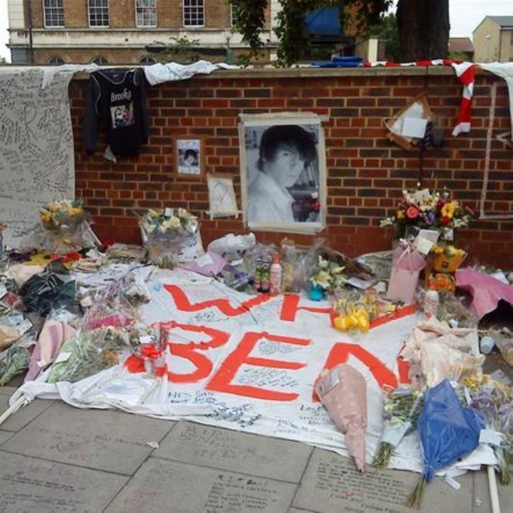 A memorial for knife victim Ben Kinsella, who was killed last year