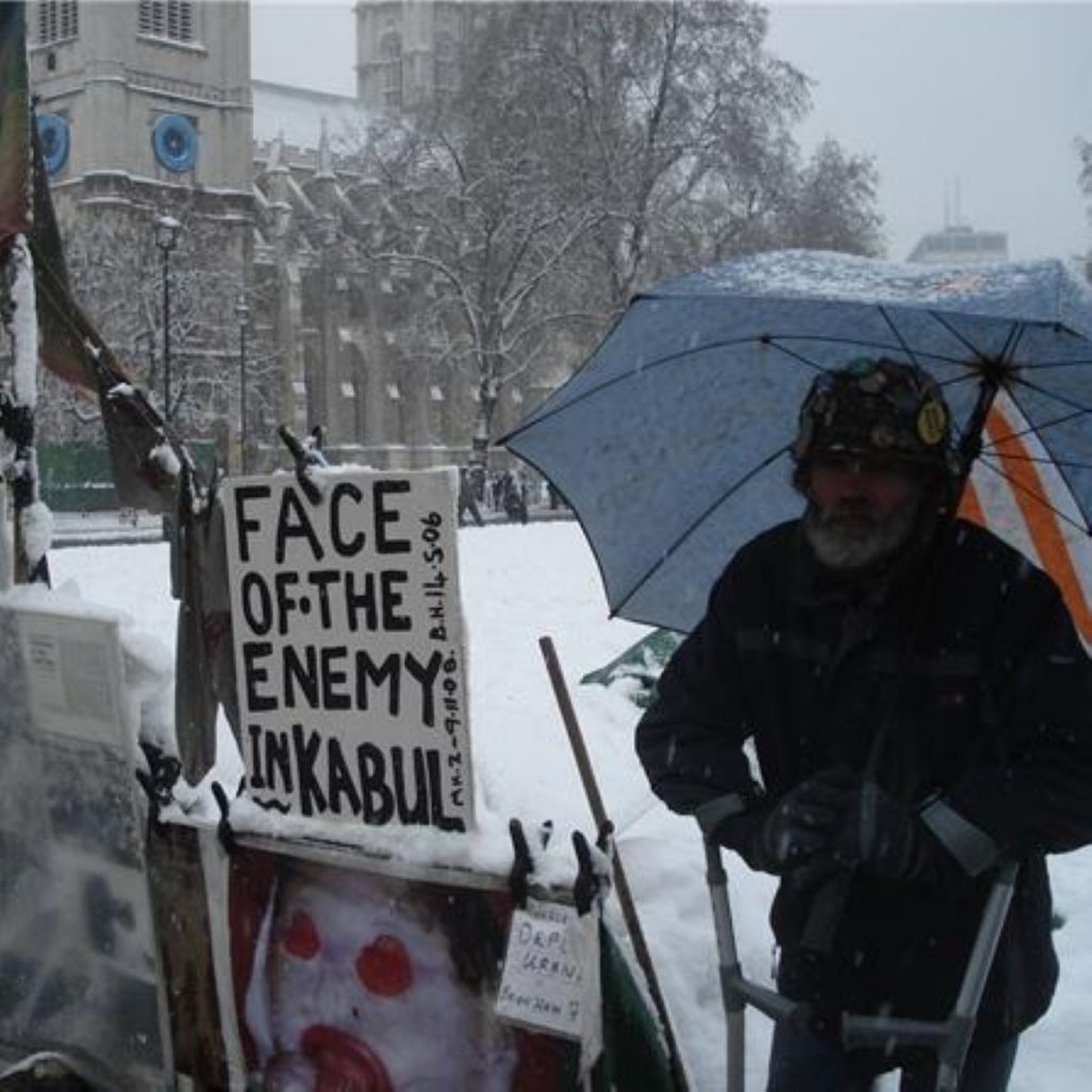 Brian Haw continues his protest opposite parliament