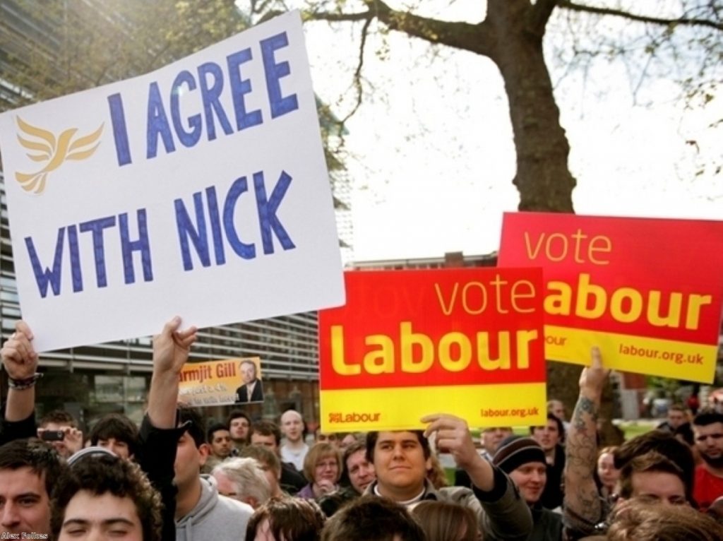 Swappng clothes: A pro-Clegg placard at a Labour gathering before the election. Lib Dem supporters might be tempted to vote Labour under Ed Miliband's leadership.