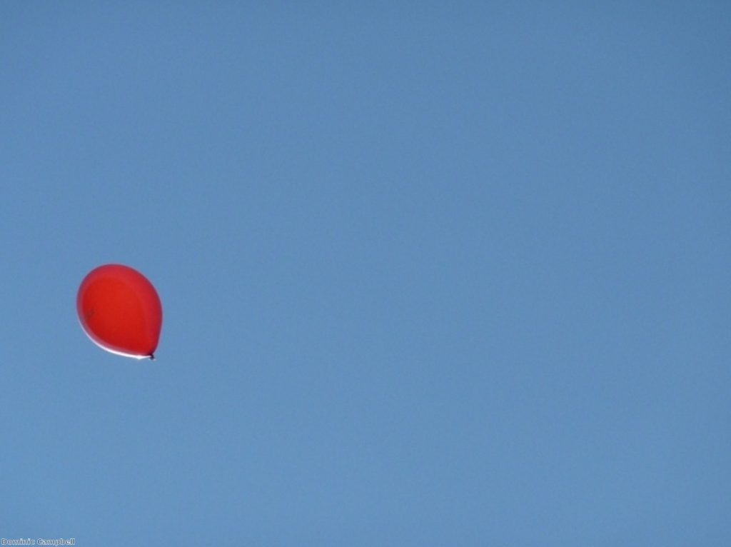 A Labour balloon drifts into the sky on the first day of the election campaign in Bedford. Labour election failings have been front-and-centre of the leadership debate. Photo by Dominic Campbell.