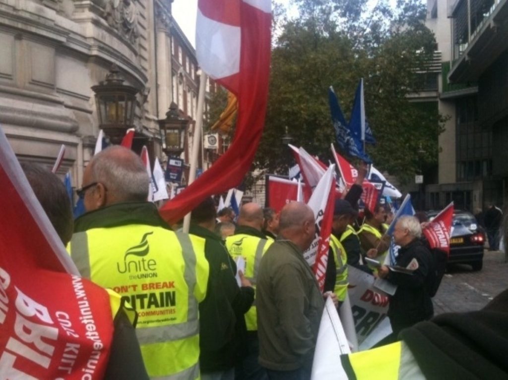 Union members rally in London: Relations between Balls and union leaders appear close to breaking point.