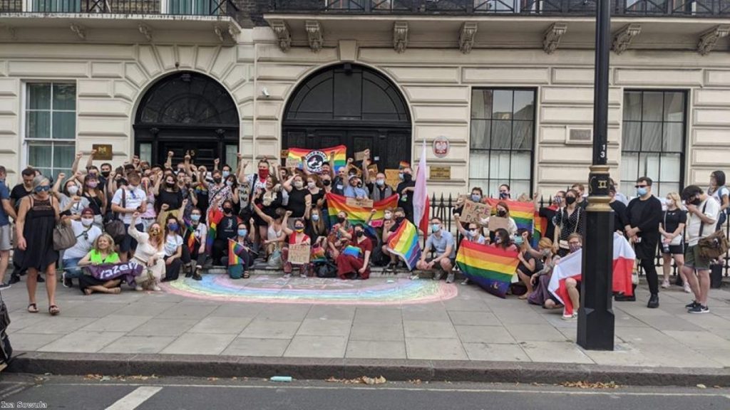 Protesters demonstrate outside the Polish embassy over the weekend.