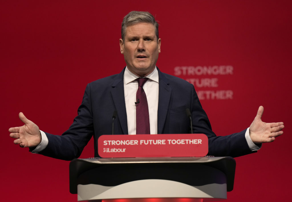 Leader of the British Labour Party Keir Starmer gestures as he makes his keynote speech at the annual party conference in Brighton, England, Wednesday, Sept. 29, 2021. (AP Photo/Alastair Grant)